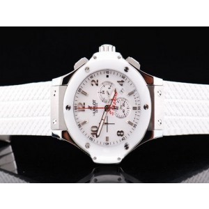 Hublot Horloge Big Bang Quartz Witte Ceramische Bezel Witte Wijzerplaat En Zilver Aantal Markering-Wit Rubberen Band